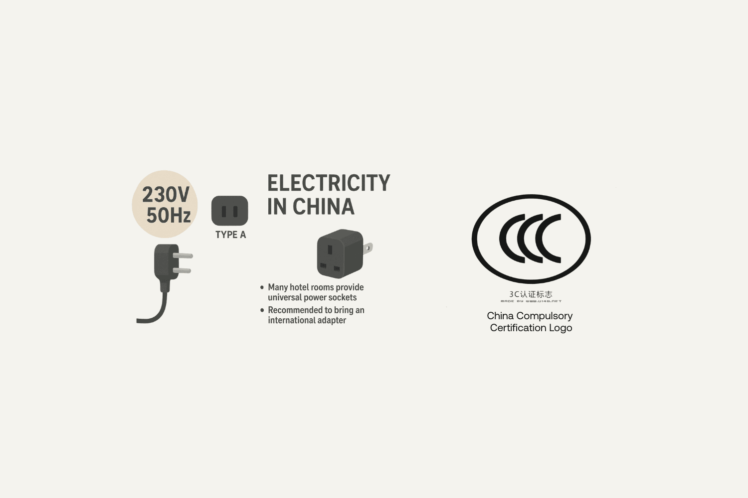 Electricity in China infographic showing 230V 50Hz power and Type A plug, with a note that many hotels have universal sockets and an international adapter is recommended, plus the China Compulsory Certification CCC logo.