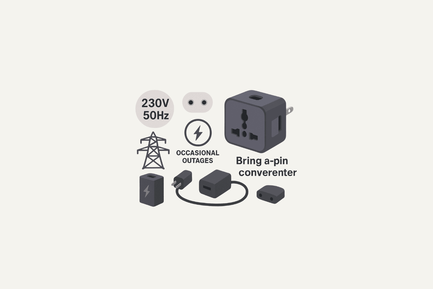 Laos Travel electricity graphic showing 230V and 50Hz power, occasional outages, and a universal adapter with two pin plug icons and charging devices.